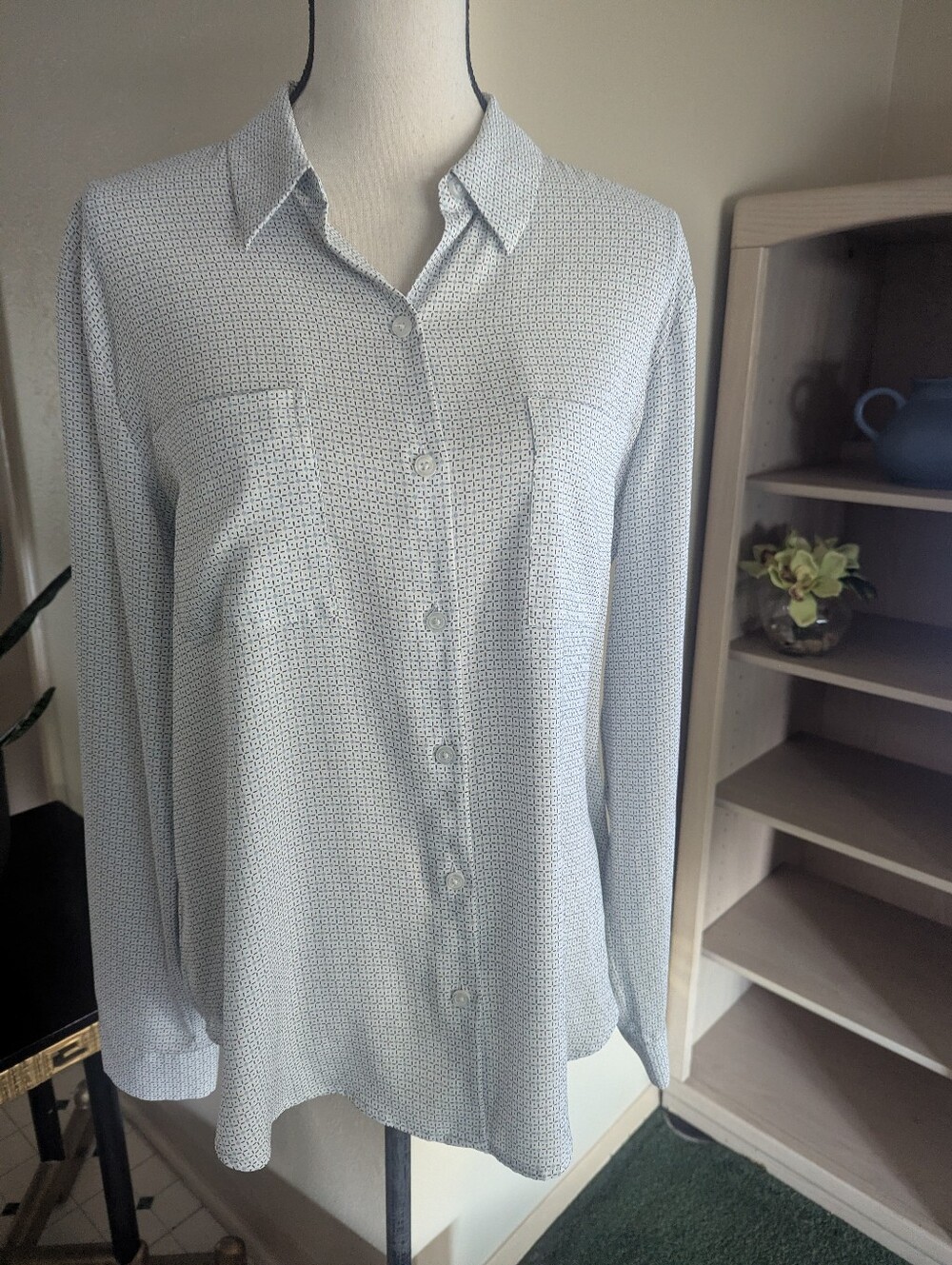 Light Blue Printed Button-Down Blouse - Women's Shirt